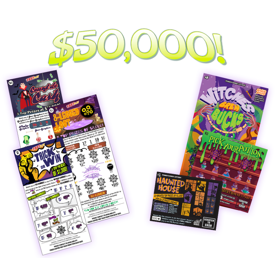 Enter non-winning 2024 Halloween-themed tickets for a chance to win up to $50,000!